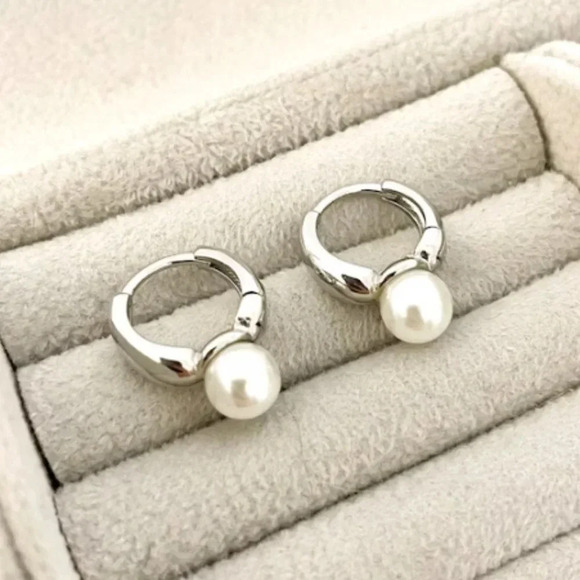 925 Sterling Silver Pearl Huggie Earrings Small Huggie Hoop Earrings - Picture 4 of 9